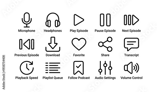Podcast interface icons: microphone, headphones, play, pause, share, favorite, download, transcript