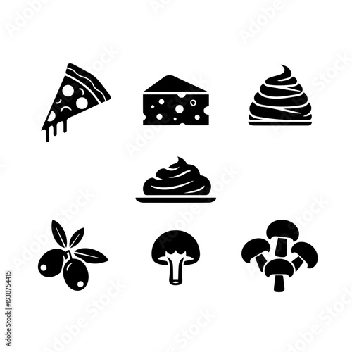 Various Food Items Including Pizza Cheese and Mushrooms on a White Background from a Front View