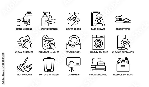 Essential hygiene and cleaning icons for daily routine tasks