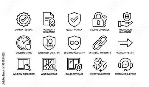 Warranty icons: guarantee seal, secure coverage, quality check, extended protection