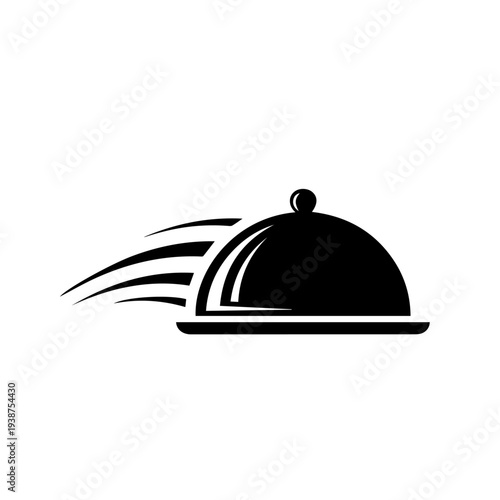 A black serving dish with a lid being swiftly presented on a flat surface in a graphic illustration