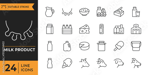 A collection of 24 line icons depicting various milk product and dairy food items on a white background