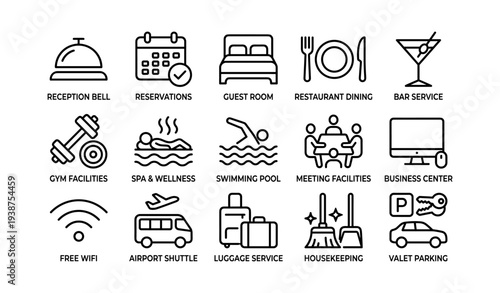 Comprehensive hotel services icons: dining, fitness, business, and more