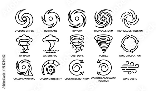 Cyclone and weather phenomena icons: hurricane, tornado, vortex, and more