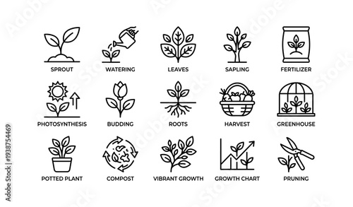 Gardening icons: growth, watering, photosynthesis, compost, pruning