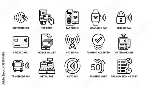 Modern payment icons: contactless, wearable, secure, credit card, nfc