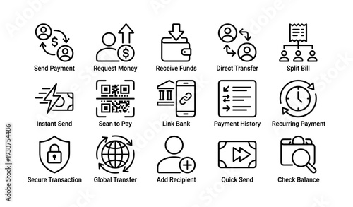 Digital payment icons: transactions, transfers, and secure banking features