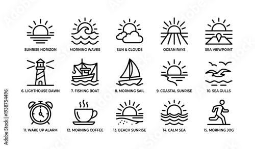 Minimalist icons depicting sunrise, ocean waves, lighthouse, and morning activities
