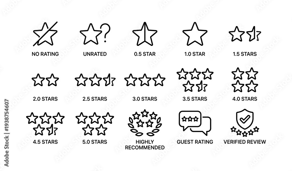 Fototapeta premium Star rating symbols collection: rating, review, system, feedback, evaluation icons