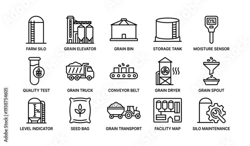 Icons of farm silo, grain elevator, and agriculture equipment
