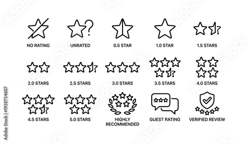Star rating symbols collection: rating, review, system, feedback, evaluation icons