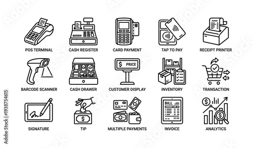 Point of sale essentials icons: barcode, payment, inventory, analytics