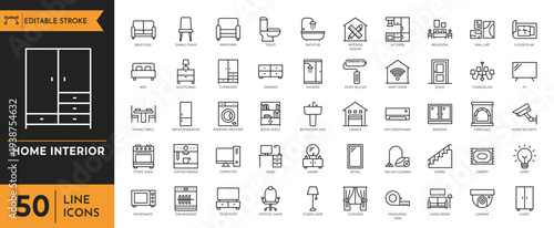 A collection of various home interior line icons depicting furniture and household items.