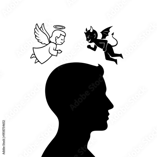 A silhouette of a boy facing moral dilemma with an angel and devil above him