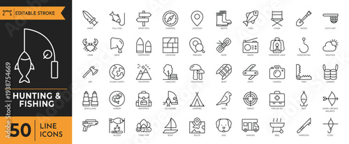 A graphic illustration collection of various hunting and fishing icons on a white background