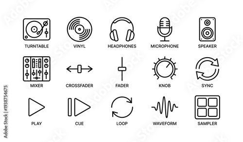 Dj equipment icons: turntable, vinyl, headphones, microphone, speaker