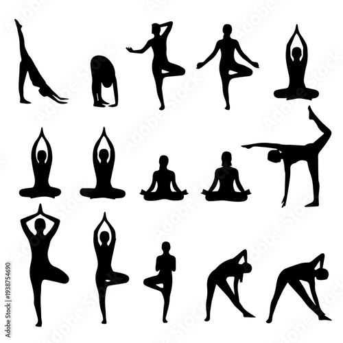 Silhouettes of people practicing various yoga poses on a serene white background from different viewpoints