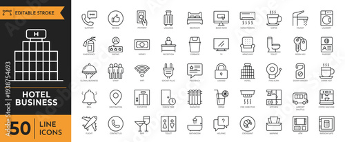 A collection of various business and hotel icons are shown in a line.