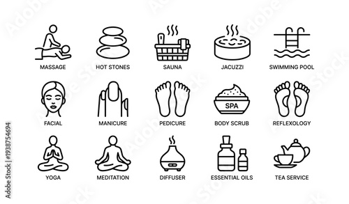 Spa and wellness icons: massage, sauna, jacuzzi, yoga, meditation, and essential oils