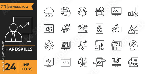 A collection of line icons depicting various business skills and technology concepts.