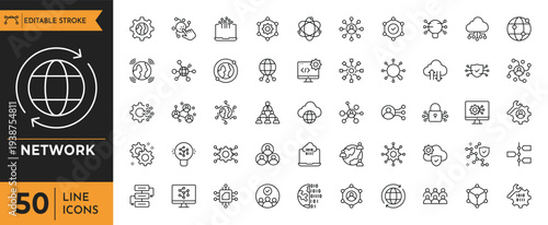 A collection of various line icons depicting network and communication symbols on a white background.