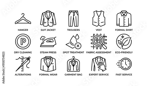 Laundry and garment care icons: hanger, suit, trousers, vest, shirt, service symbols