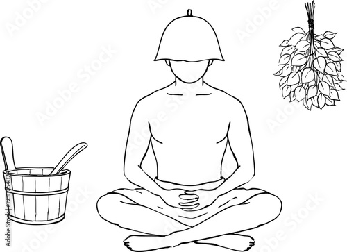 サウナで座禅を組み瞑想する男性の手描きペン画イラスト