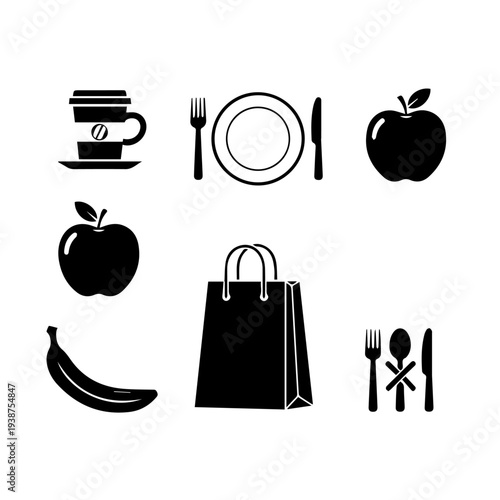Assorted breakfast items and shopping bag icons displayed on a simple white background from a straightforward viewpoint