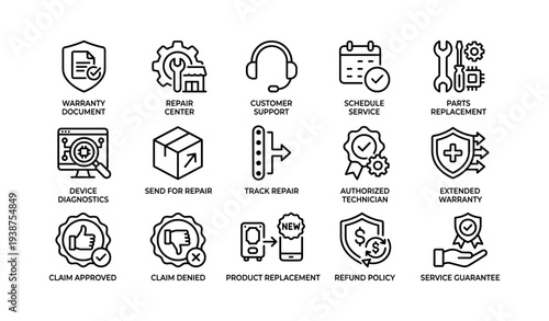 Warranty services and repair icons: support, schedule, parts, diagnostics, replacement