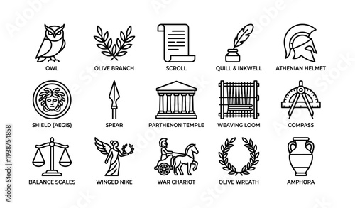 Ancient greek symbols: owl, olive branch, scroll, and more icon collection