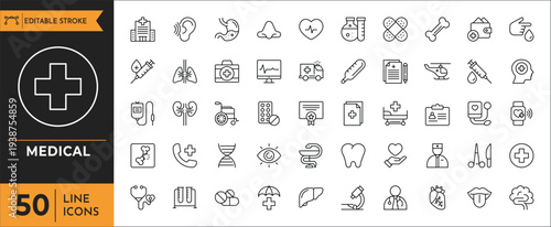 Medical icons illustrate various healthcare symbols and signs on white