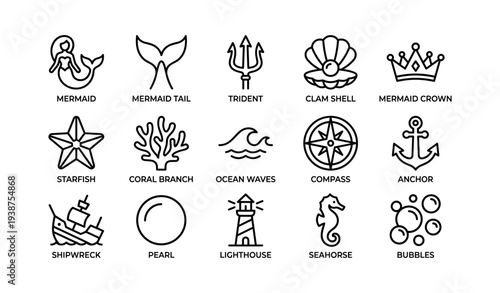 Collection of nautical and ocean-themed icons including mermaid, anchor, lighthouse
