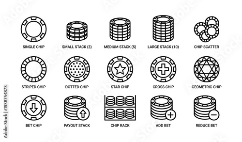 Casino chips and betting icons set with various designs and functions