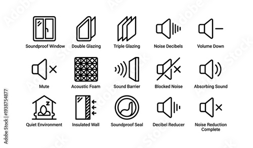 Soundproofing icons: windows, walls, noise reduction, mute, decibels