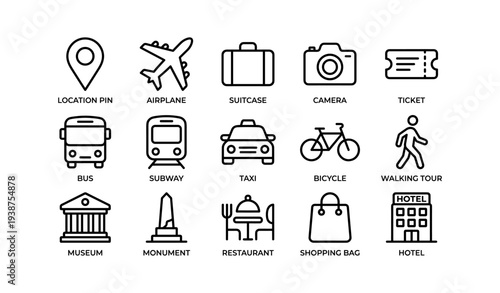 Travel icons: airplane, suitcase, camera, bus, subway, taxi, bicycle, monument