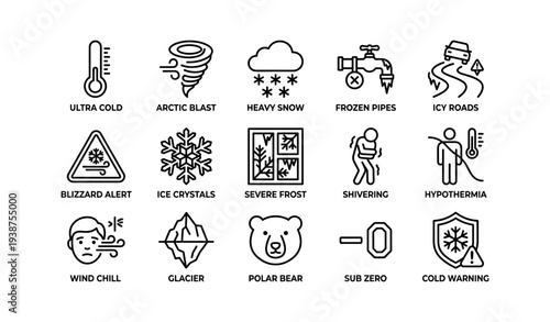 Weather icons depicting cold conditions and warnings