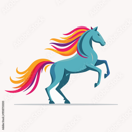 Majestic blue horse with vibrant rainbow mane and tail.