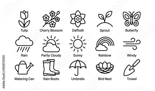 Nature icons set: flowers, weather, gardening, and insects