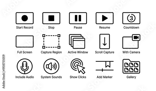 Screen recording and capture icon set with audio and camera options