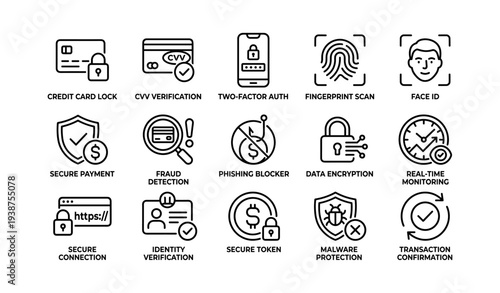 Security icons: credit card, cvv, two-factor, fingerprint, face id, encryption