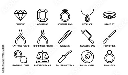 Jewelry and tool icons featuring rings, necklace, bracelet, pliers, tweezers, loupe, saw, torch