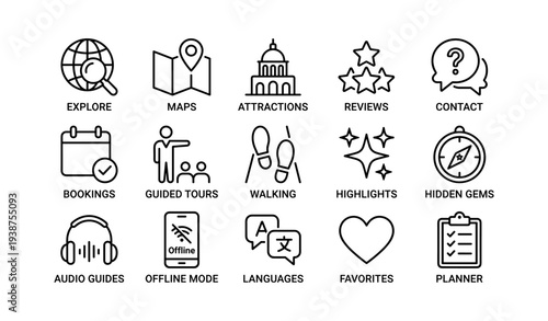 Travel icons set featuring explore, maps, and attractions for tour planning