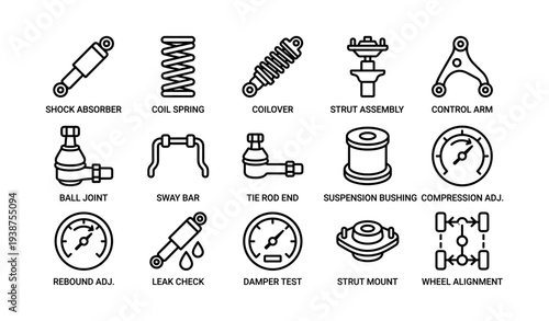 Car suspension system components icons collection