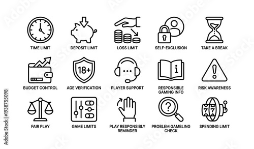 Responsible gambling icons: time limits, deposit limits, self-exclusion, fair play, risk awareness