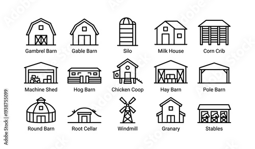 Farm buildings line icons: barn, silo, windmill, coop, stable