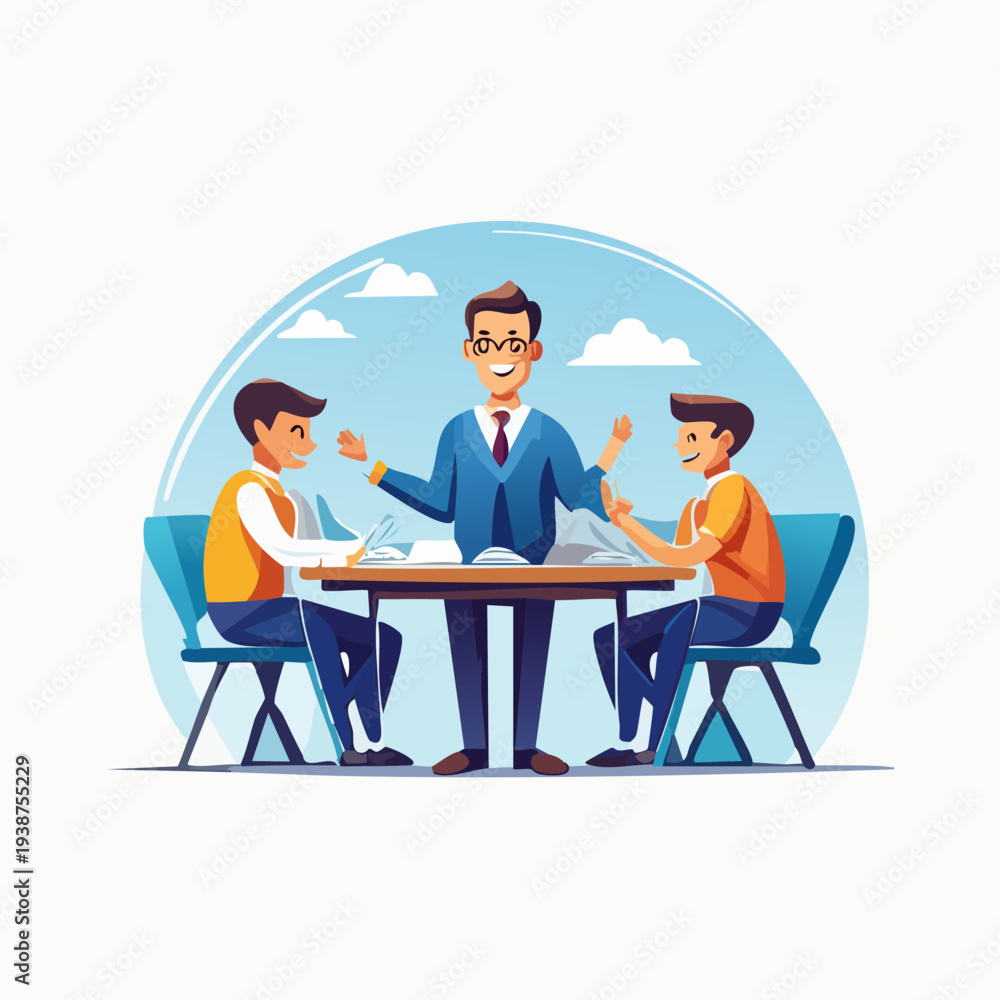 Fototapeta premium Male teacher mentoring two students in a classroom setting.