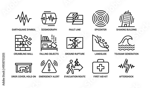Earthquake safety icons: seismograph, fault line, evacuation route tips
