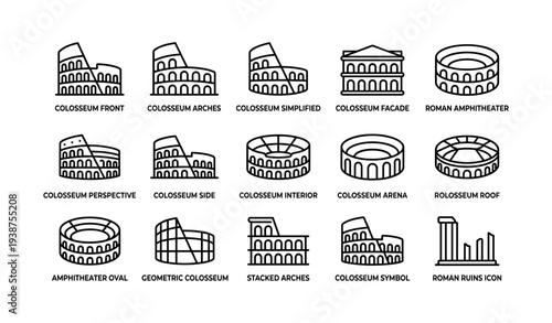 Icon set of roman colosseum: front, arches, facade, perspective, arena, roof, amphitheater