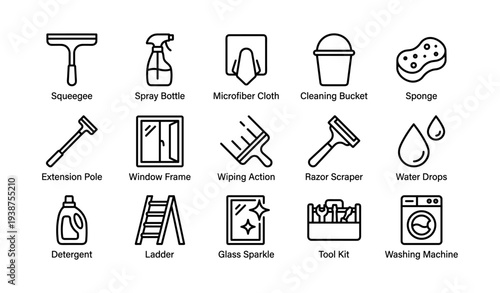 Cleaning tools icon set: squeegee, spray bottle, cloth, bucket, sponge