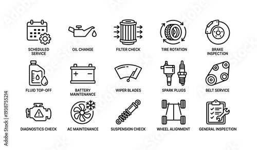 Car maintenance icons: scheduled service, oil change, tire rotation, brake inspection, battery maintenance